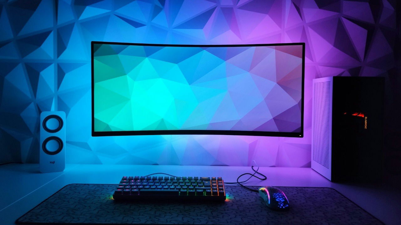 Gaming desk setup with monitor