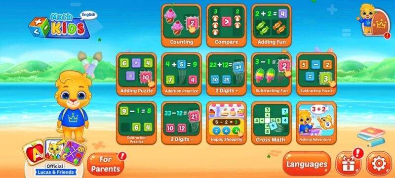 Best Math Games Android Math Kids Main menu view in Math Kids app on Android.