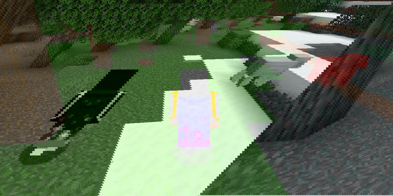 A screenshot of a Minecraft player running with an Essential mod cape.