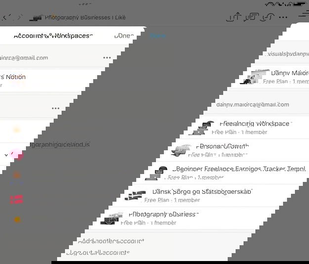 a list of notion workspaces within the app