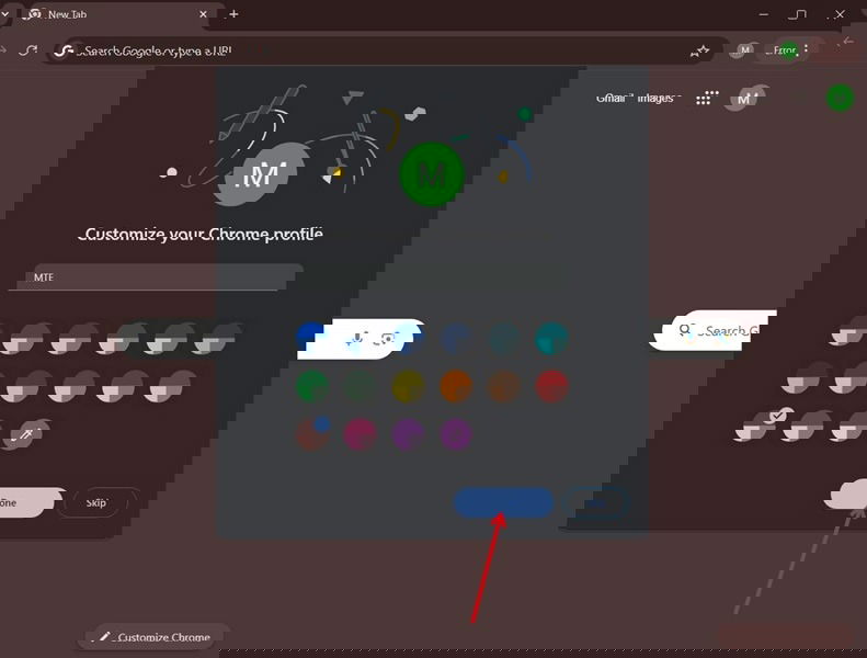 Customizing new profile in Chrome browser.
