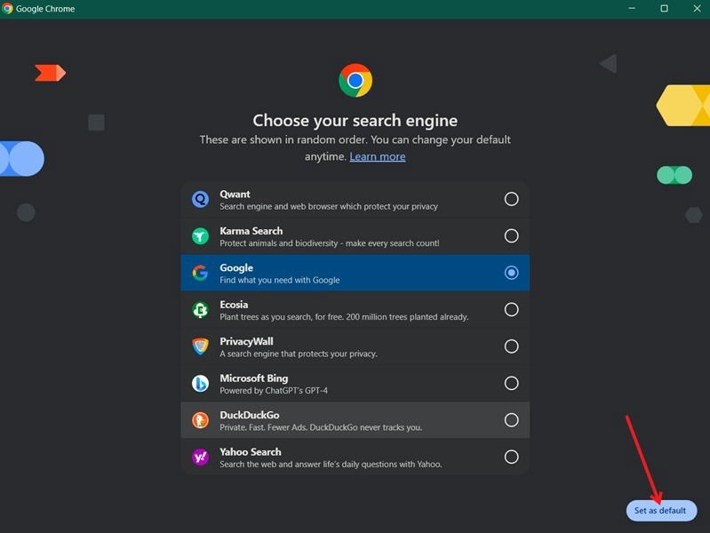 Selecting default search engine for new profile in Chrome browser.
