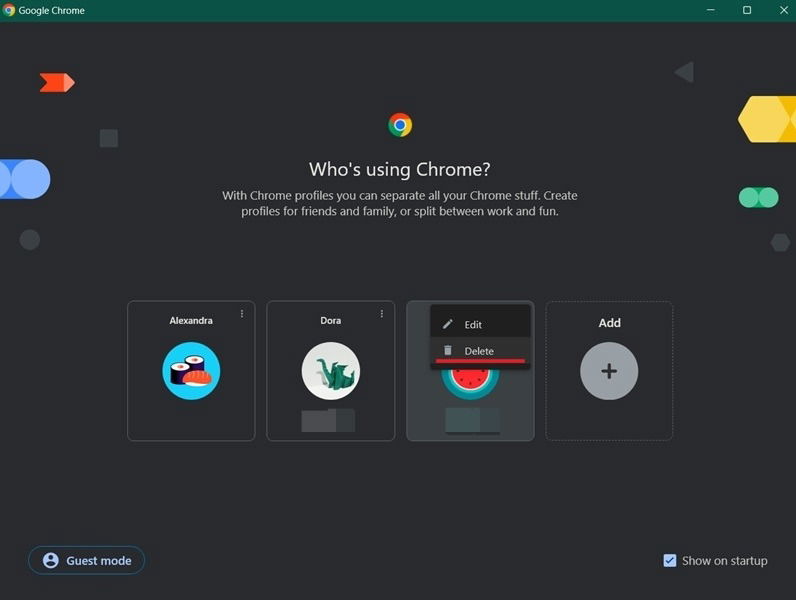 Deleting select profile in Chrome browser.