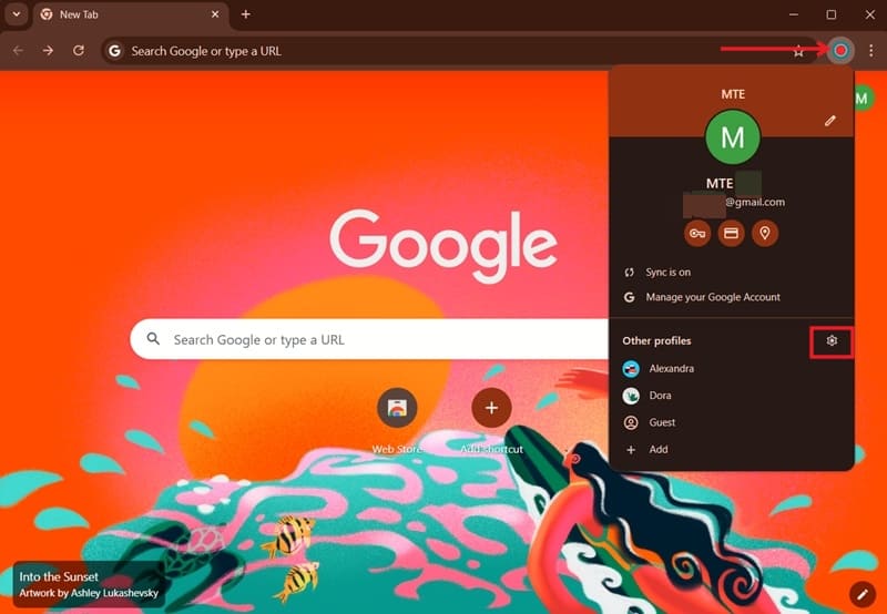 Clicking on gear icon in Chrome profile drop down.